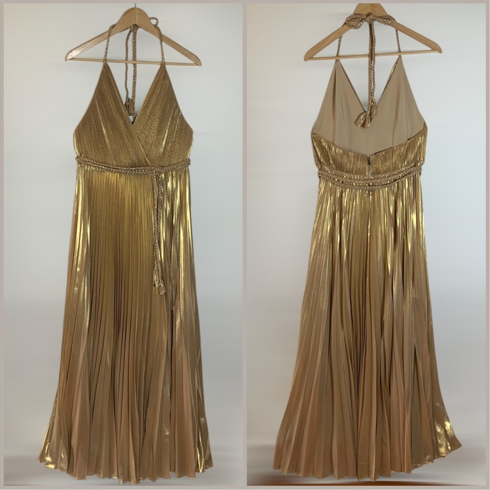 Alice + Olivia Tresa Pleated Gold Maxi Dress Size 12 New with Tags - Picture 2 of 10